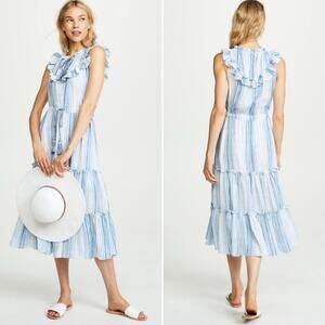 Misa Los Angeles Aleja Blue White Striped Tiered Linen Modal Midi Dress L $345